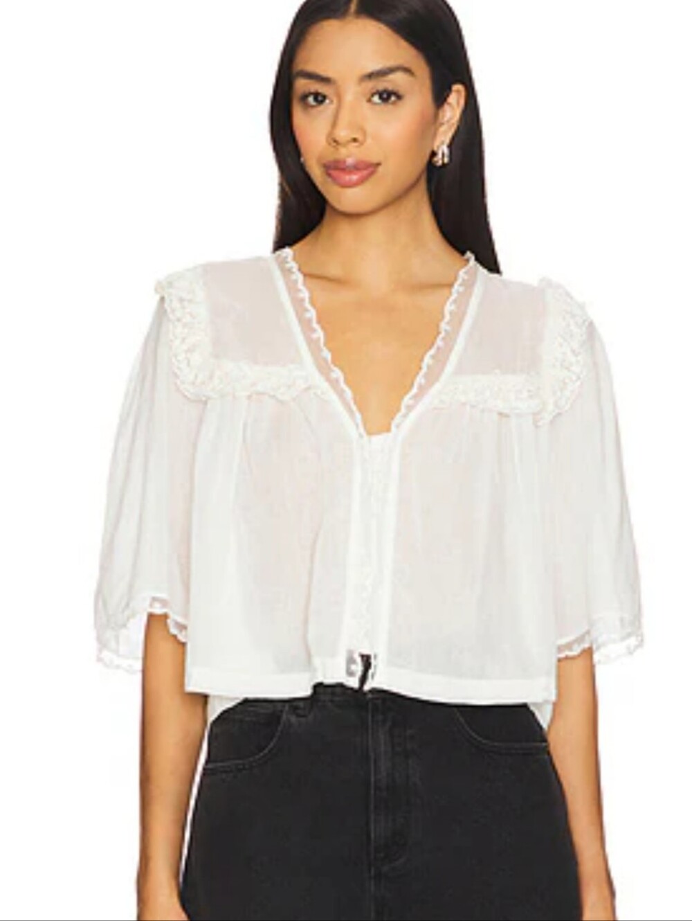 Victorian Style White Lace Trim Ruffle Collar Cotton Blouse Size Large